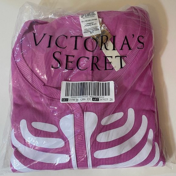 VS Pink XXL Pink Berry Halloween Skeleton Onesie Thermal Long Jane - Picture 3 of 4